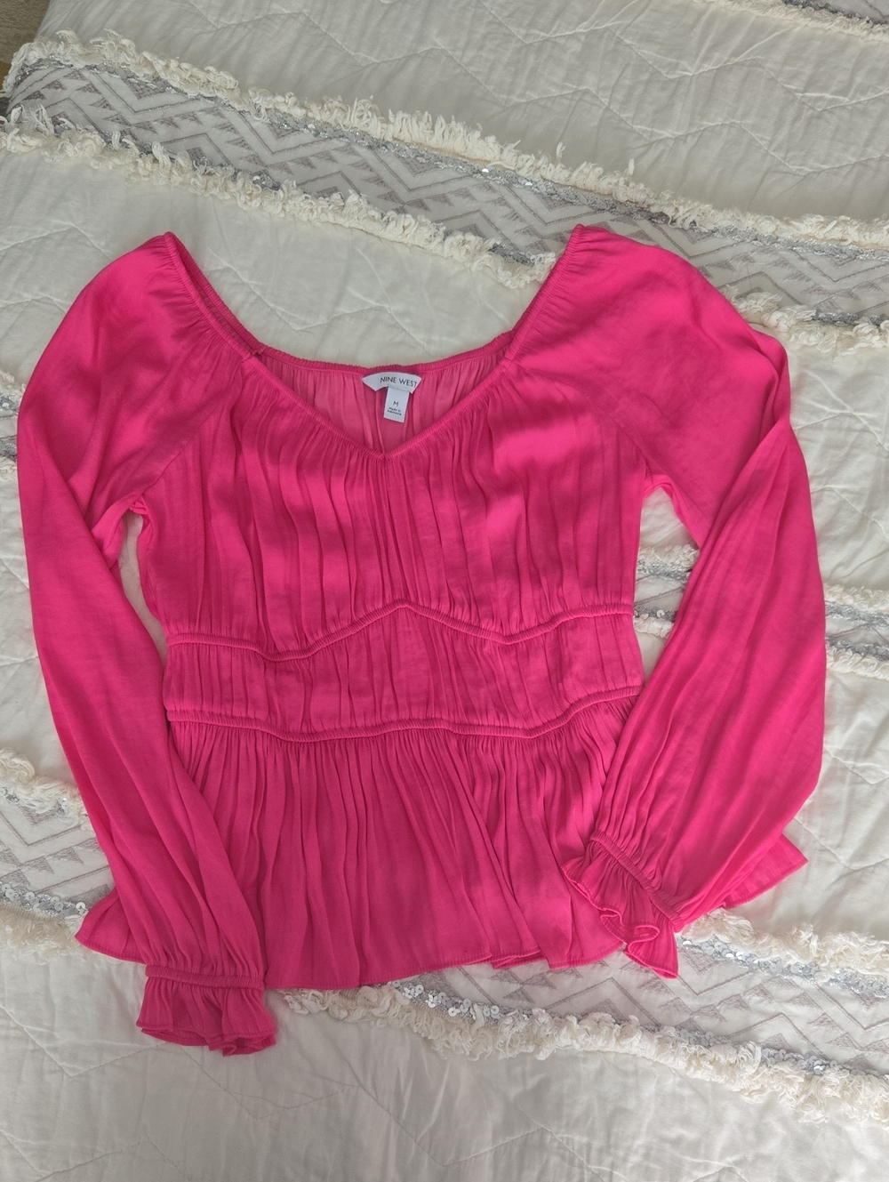 Nine West Bright Pink Pleated V-Neck Long-Sleeve Blouse